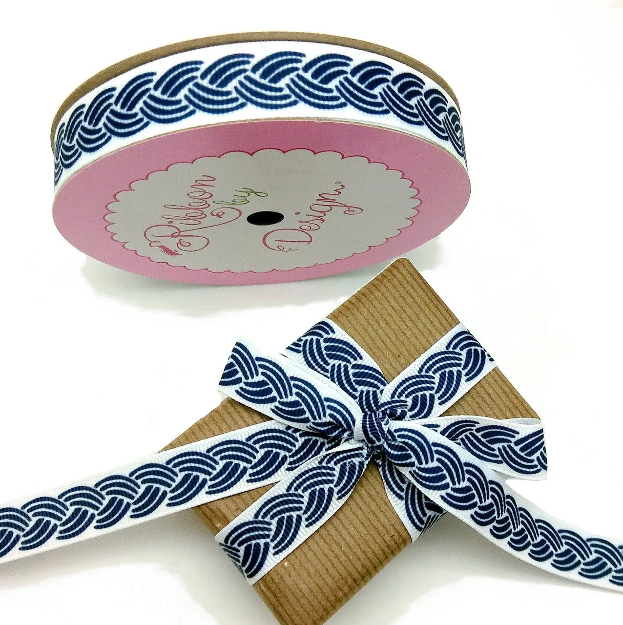 Nautical rope ribbon in navy and white printed on 5/8" and 1.5" grosgrain