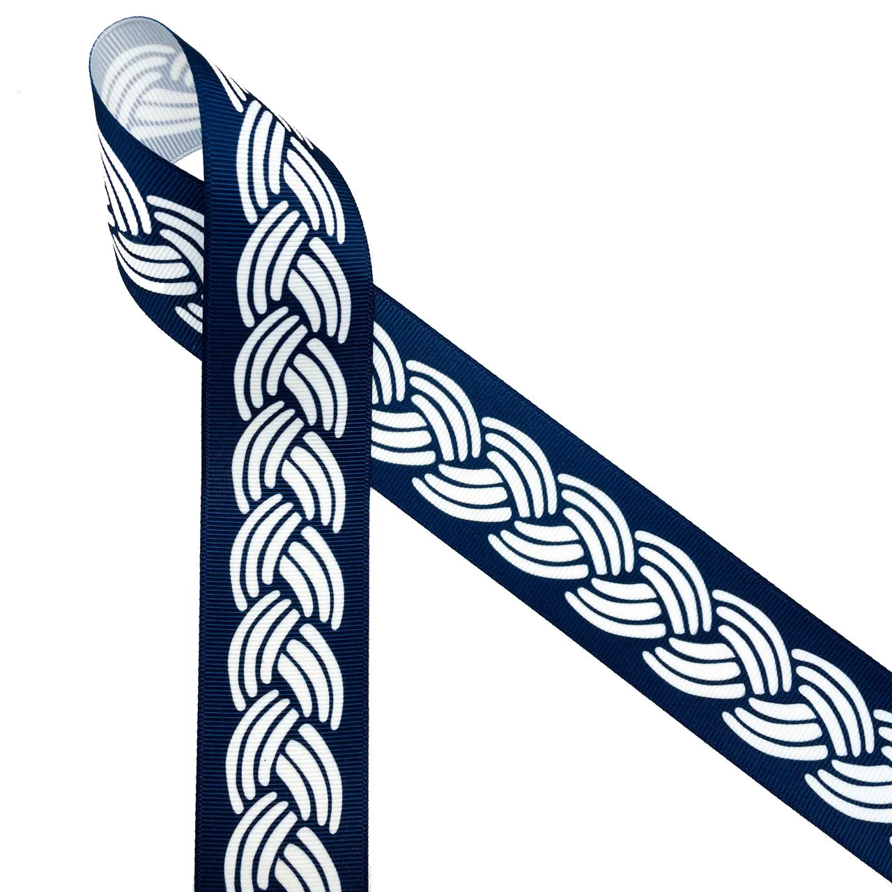 Nautical rope ribbon in navy and white printed on 5/8" and 1.5" grosgrain