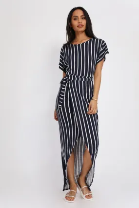 Navy Tie Wrap Loose Shoulder Maxi Dress