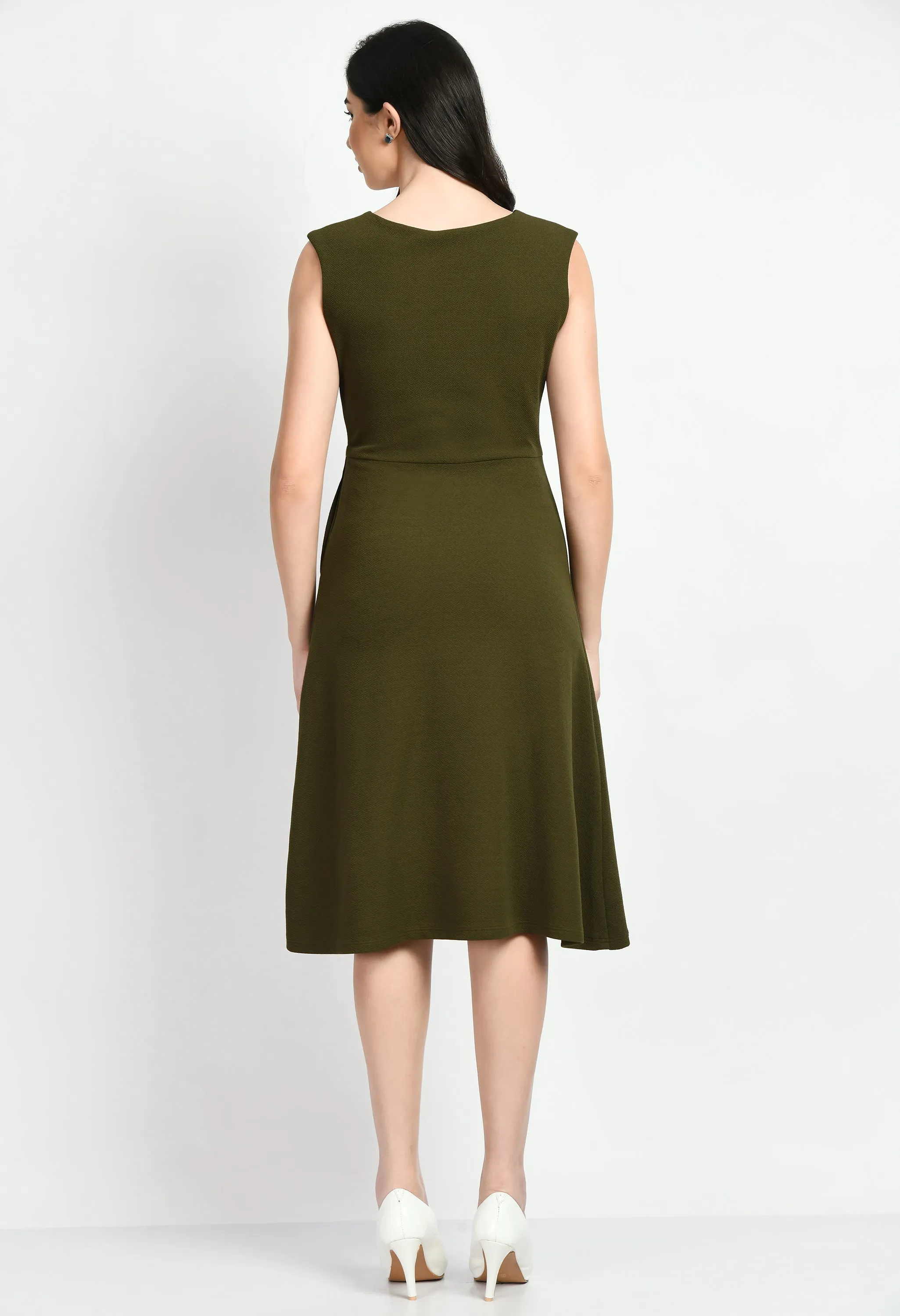 Olive & White Cotton Blend Elegance Block A-Line Wrap Dress