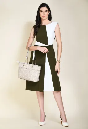 Olive & White Cotton Blend Elegance Block A-Line Wrap Dress