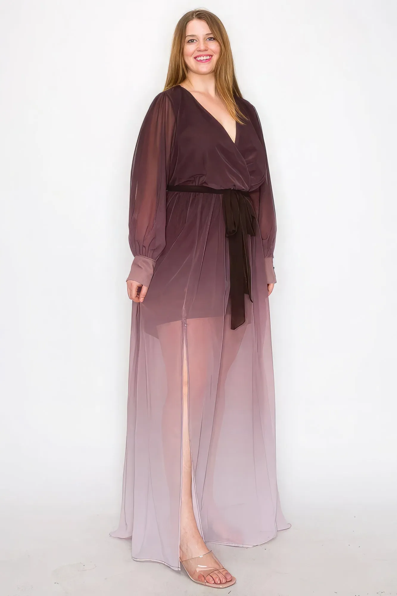 Ombre Chiffon Wrap Front Long Sleeve Tie Waist Slit Front Maxi Dress