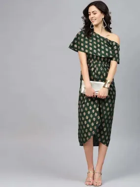 One Shoulder Yoke Overlap Gold Hand Block Print Dress