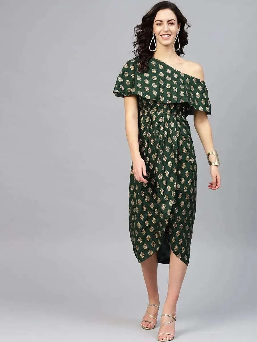 One Shoulder Yoke Overlap Gold Hand Block Print Dress