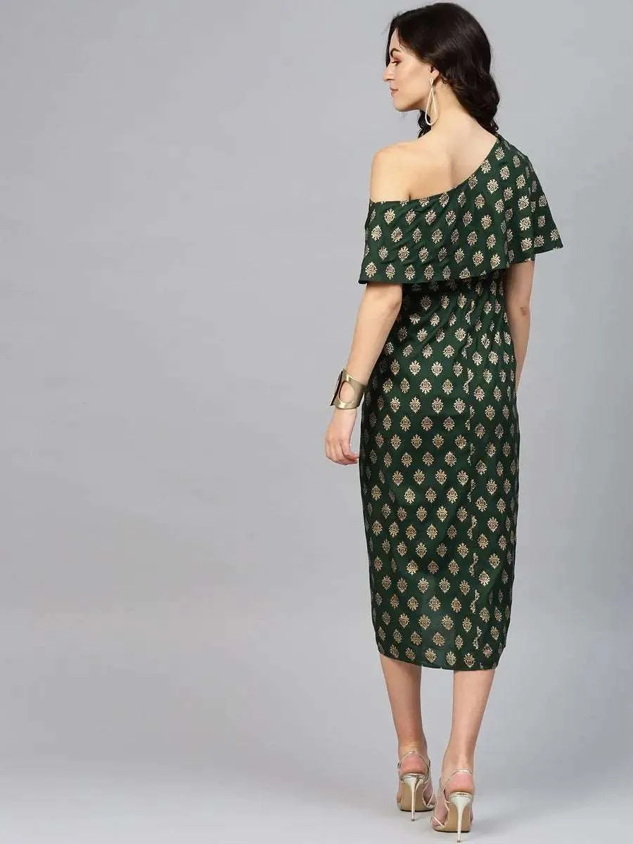 One Shoulder Yoke Overlap Gold Hand Block Print Dress