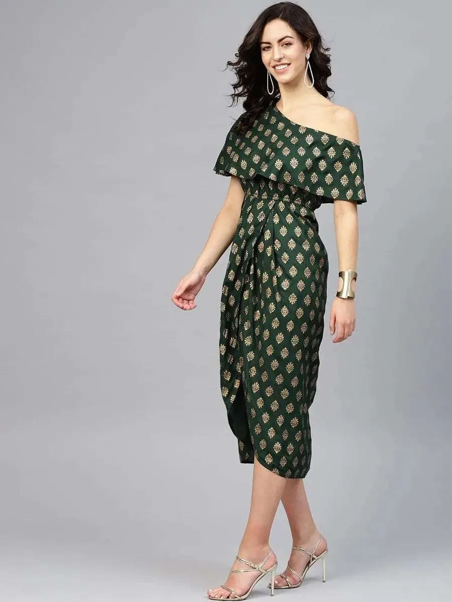 One Shoulder Yoke Overlap Gold Hand Block Print Dress