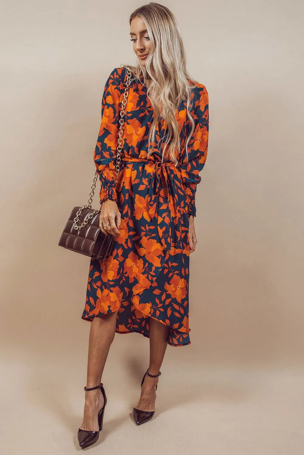 Orange Floral Print Wrap V Neck Belted Midi Dress