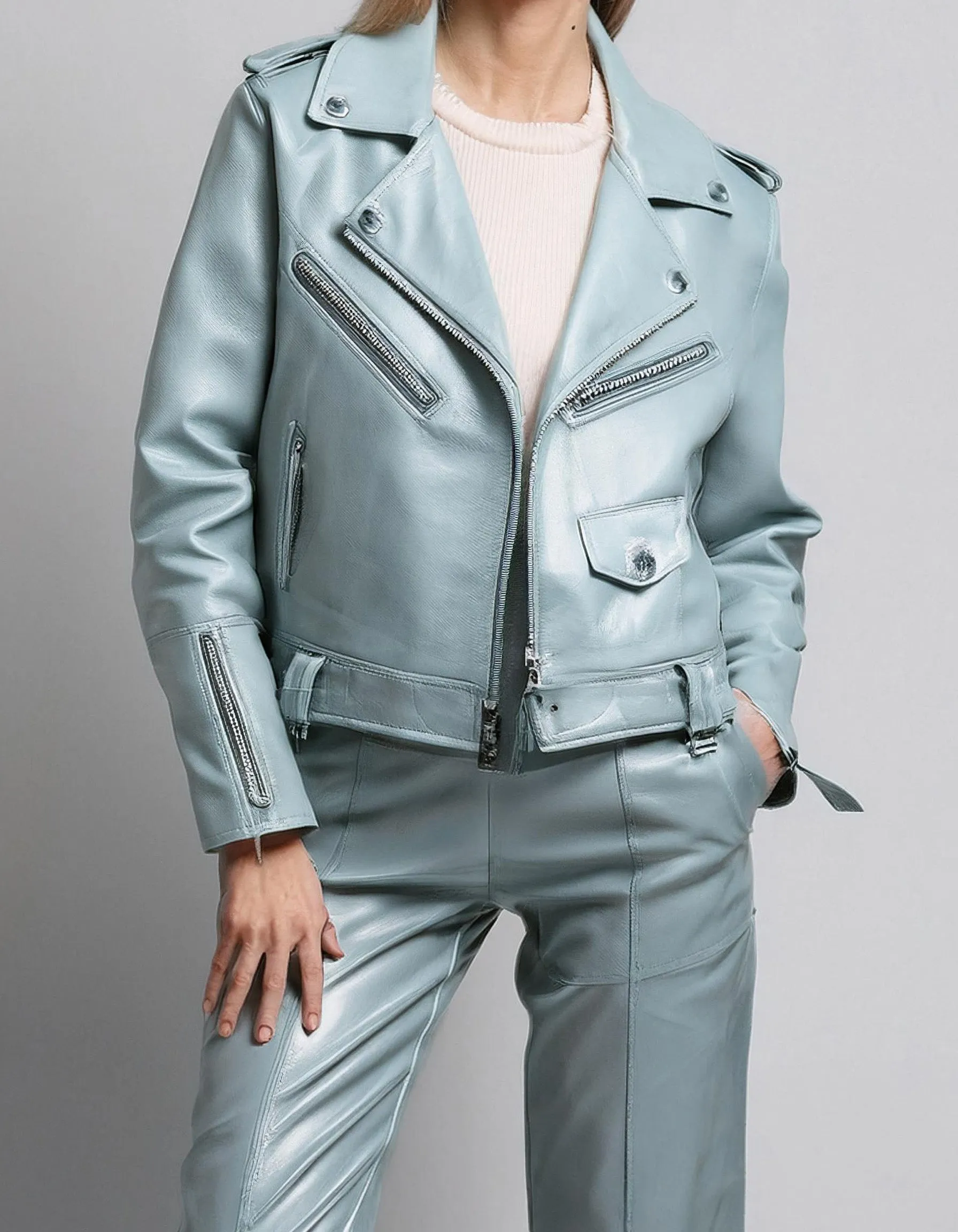 Pastel Blue Leather Blazer Jacket