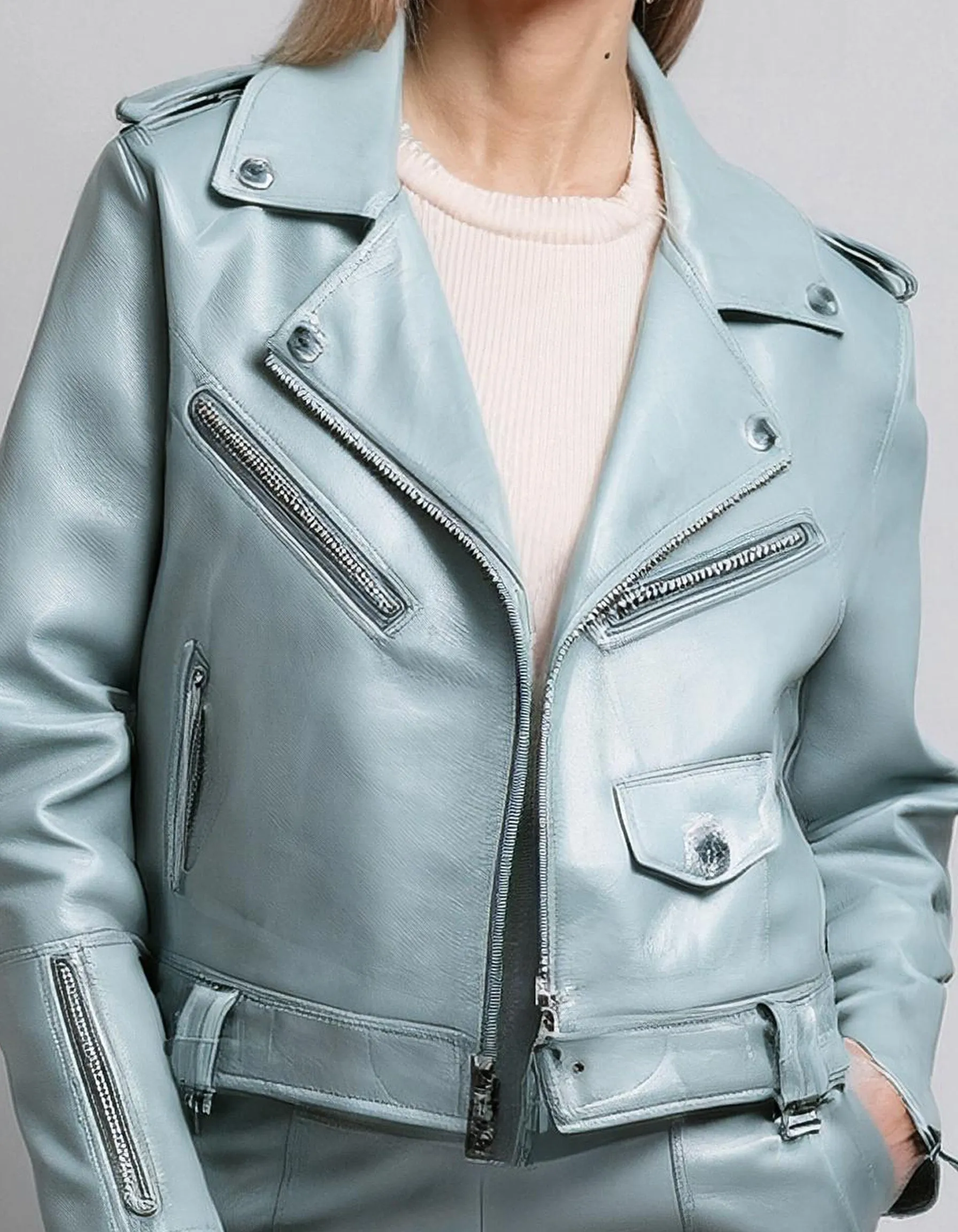 Pastel Blue Leather Blazer Jacket