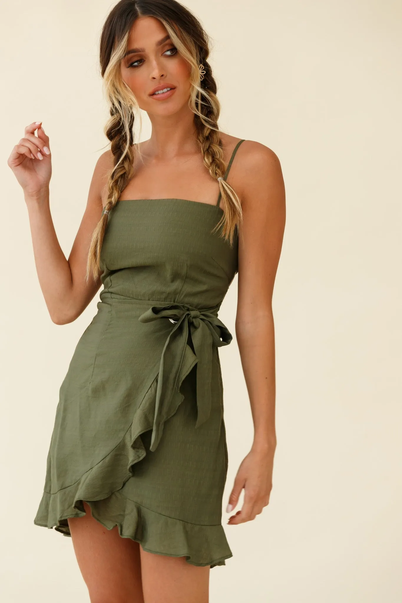 Pepita Cami Strap Wrap Dress Olive