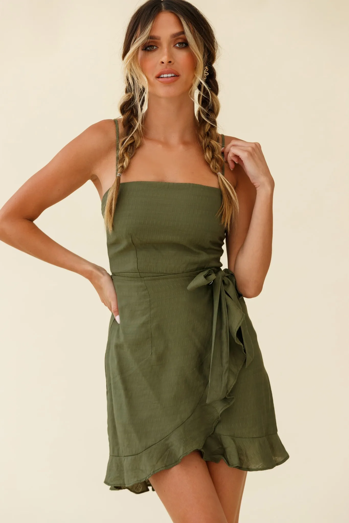 Pepita Cami Strap Wrap Dress Olive