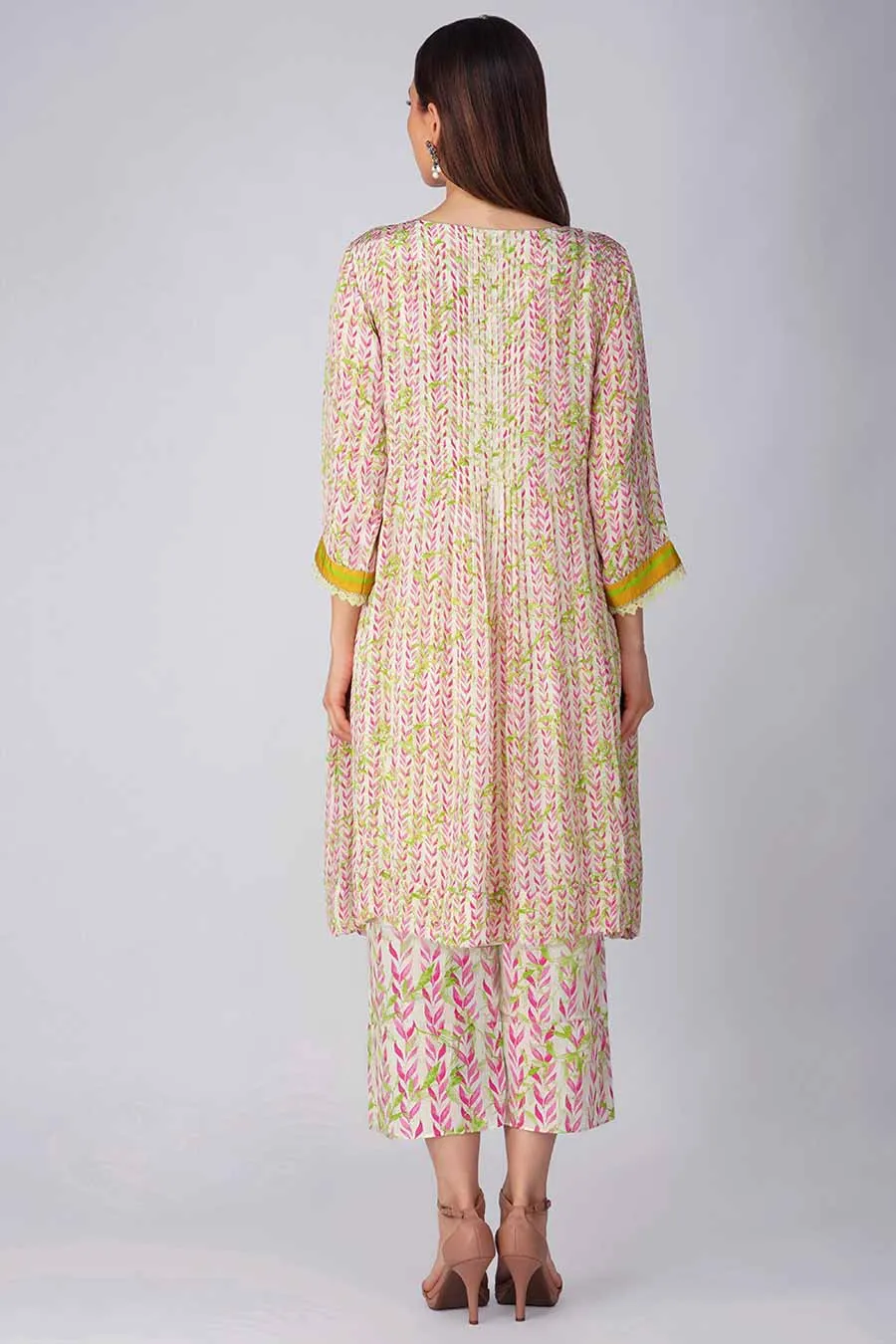 Pink Leaf Printed Pleated Tunic & Pant Set