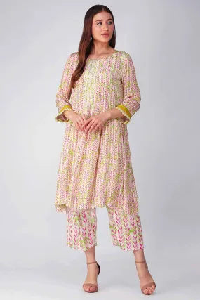 Pink Leaf Printed Pleated Tunic & Pant Set