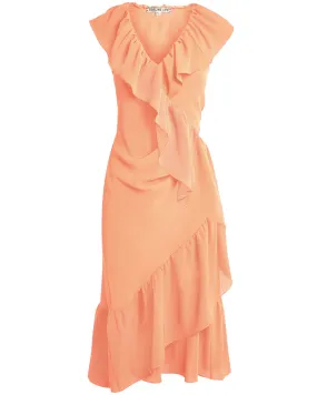 Pink Peony Crinkle Orbit Sleeveless Ruffle Midi Wrap Dress