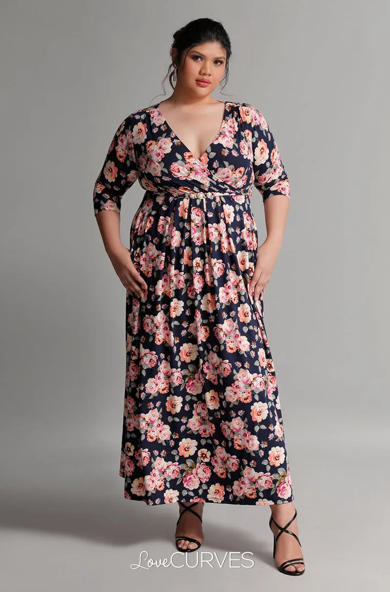 Pleated Wrap Maxi Dress with Charm Belt - Navy Bouquet