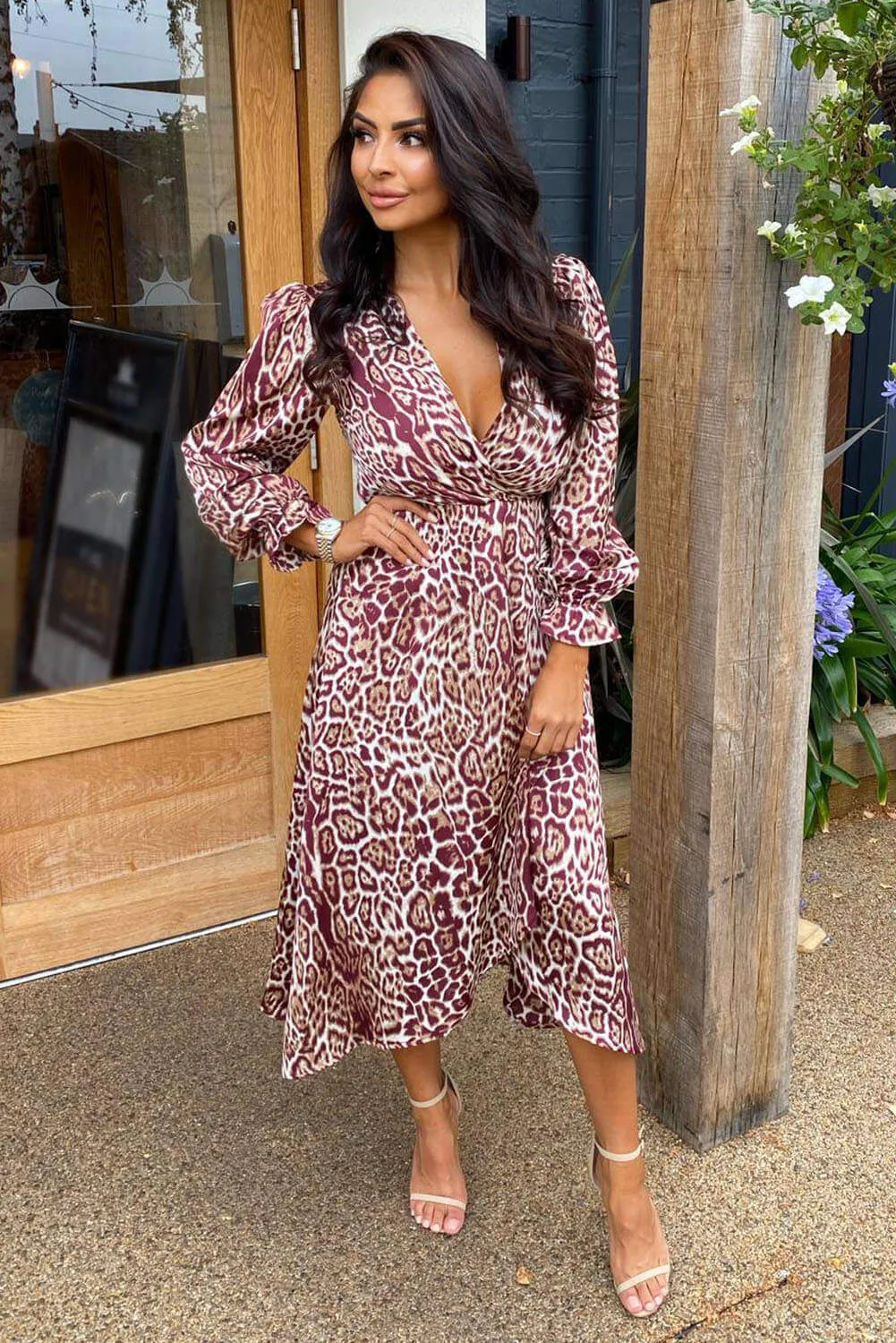 Plum Printed Wrap Midi Dress