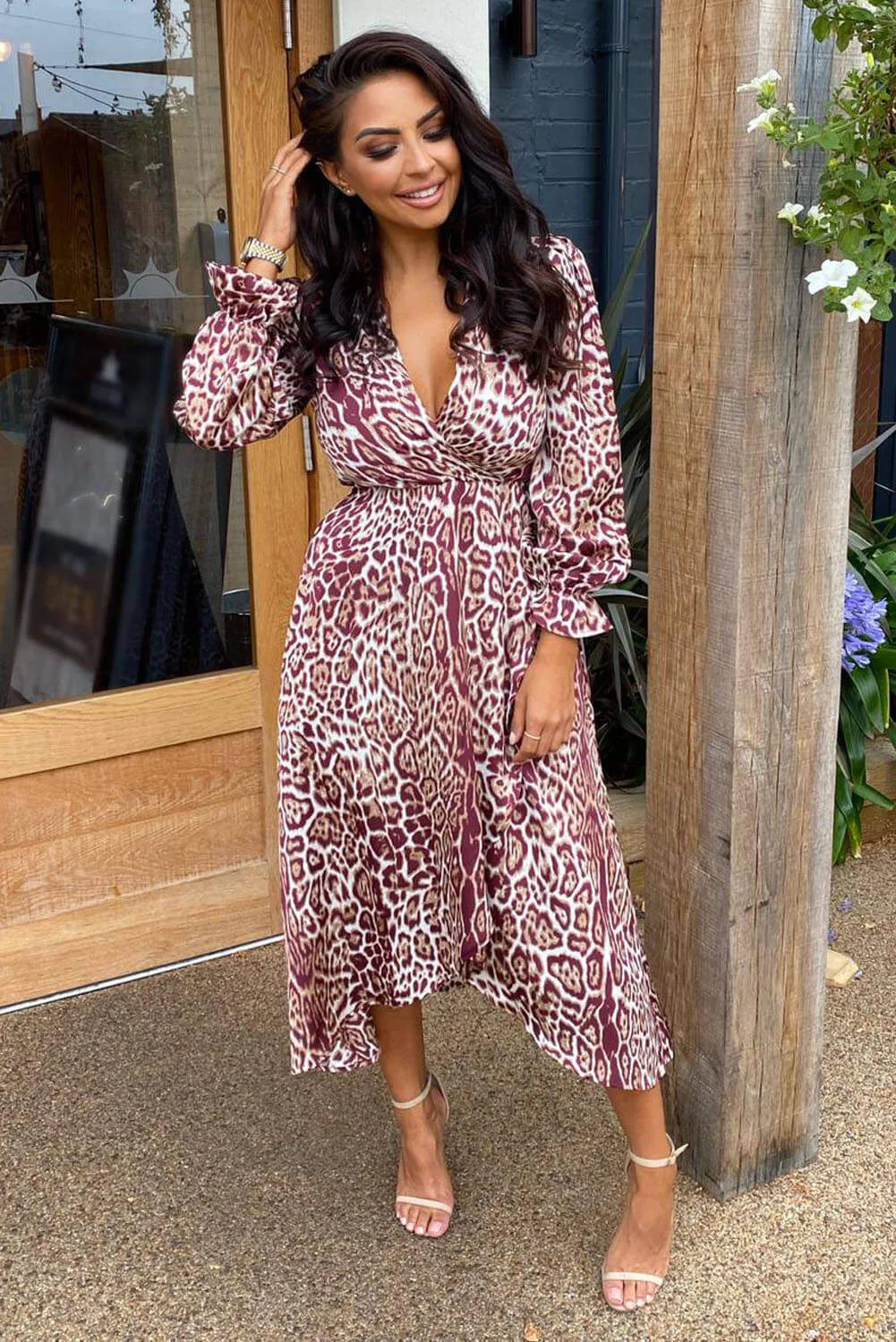 Plum Printed Wrap Midi Dress