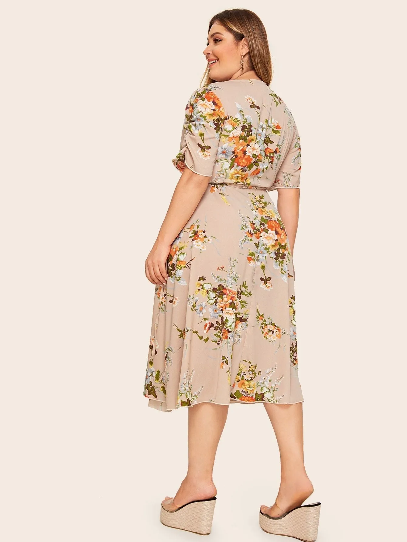 Plus Floral Print Wrap Knotted Dress