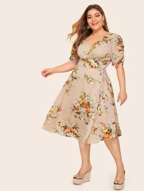 Plus Floral Print Wrap Knotted Dress