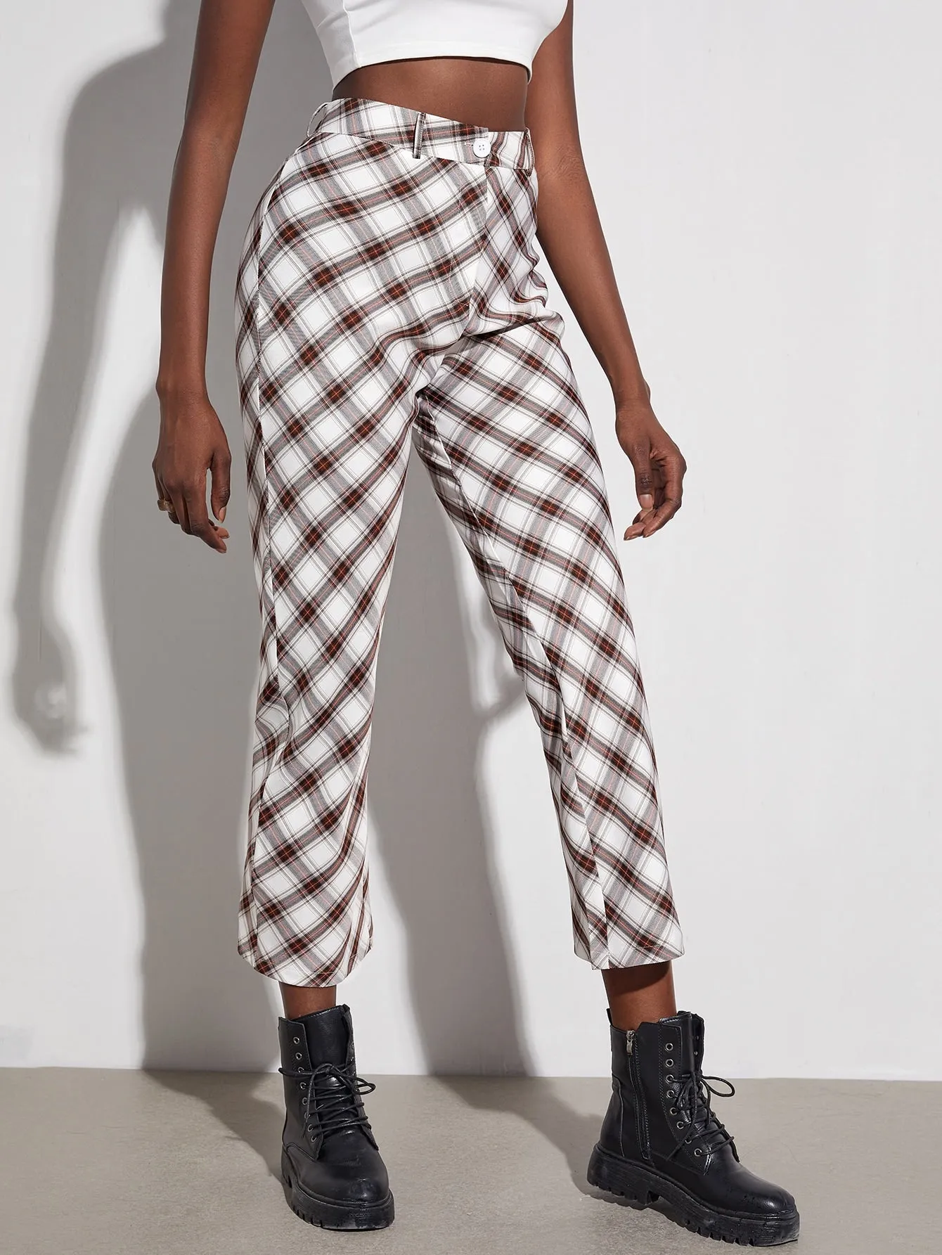 Preppy Tartan Zipper High Waist Cropped Women Pants