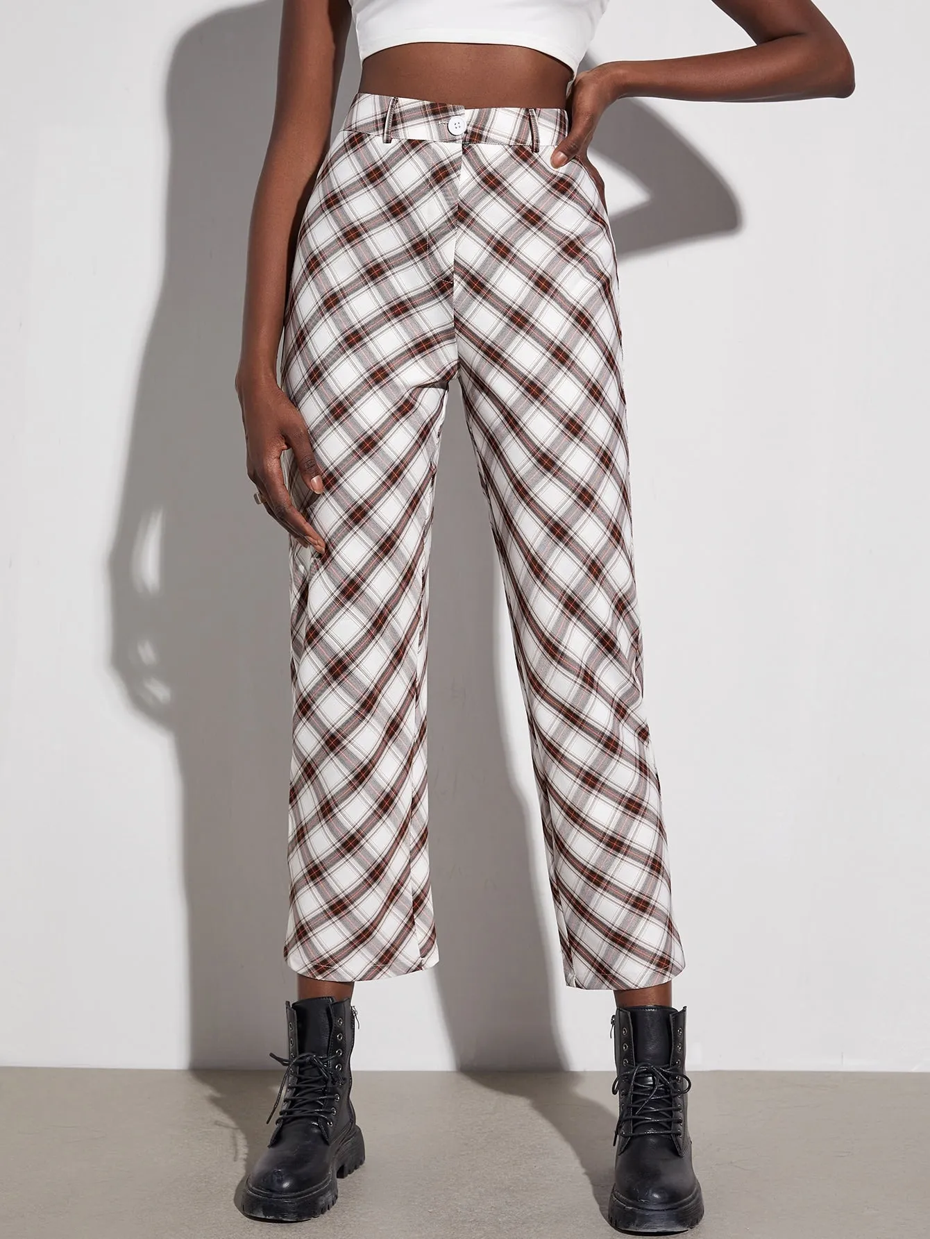 Preppy Tartan Zipper High Waist Cropped Women Pants