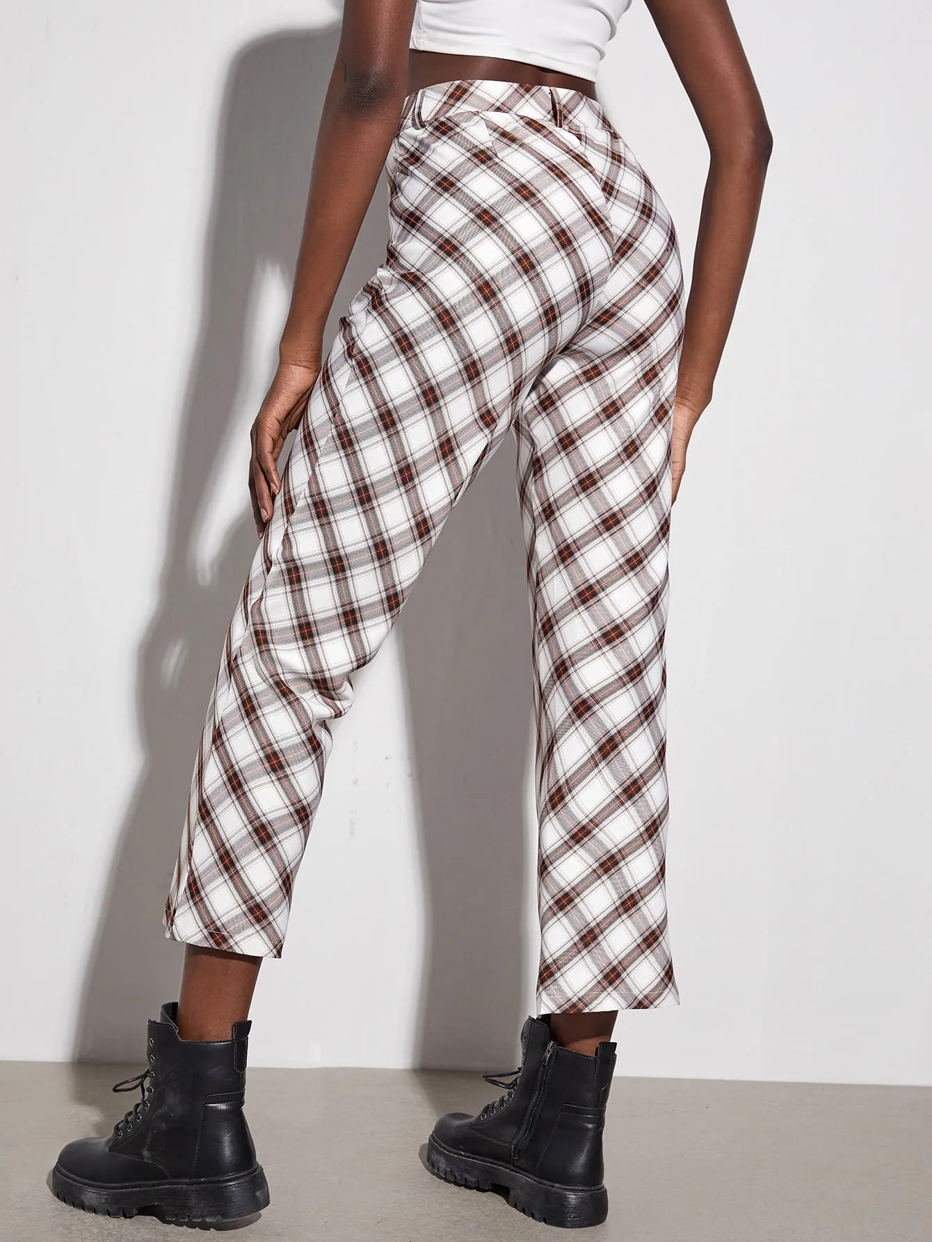 Preppy Tartan Zipper High Waist Cropped Women Pants