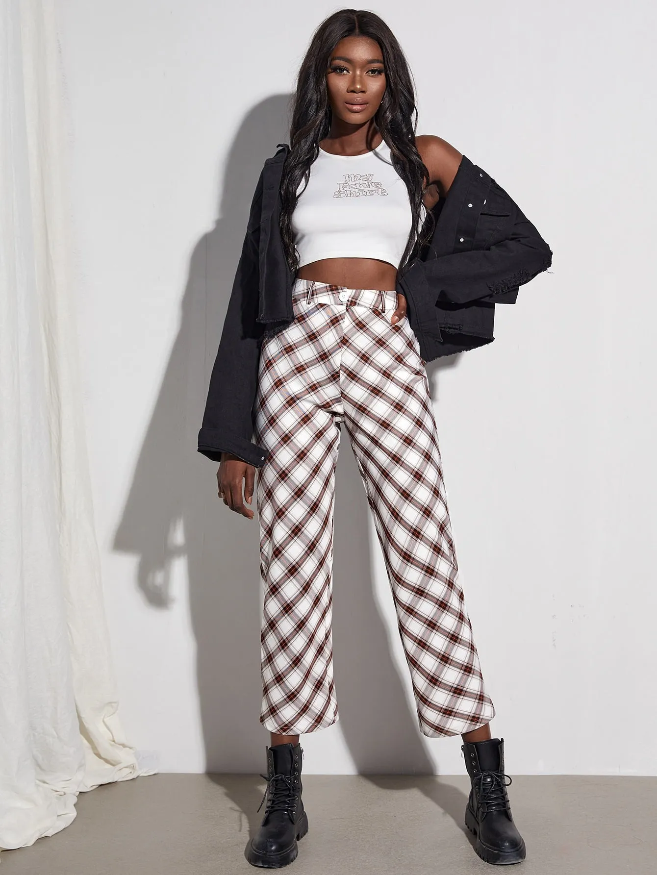 Preppy Tartan Zipper High Waist Cropped Women Pants