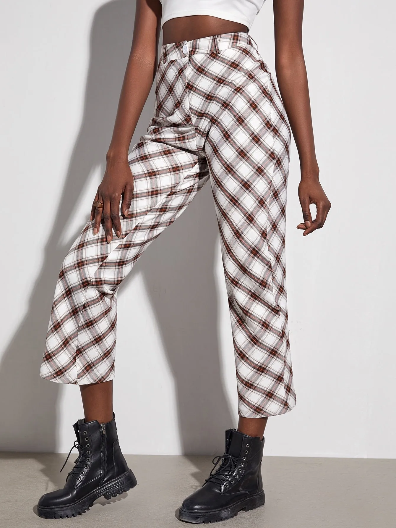 Preppy Tartan Zipper High Waist Cropped Women Pants