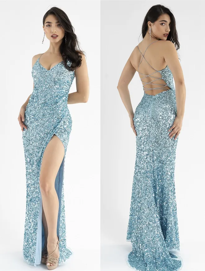 Primavera Couture 3791 Size 12 Royal Prom Dress V Neckline Sequins Lace Up Tie Back Side Slit