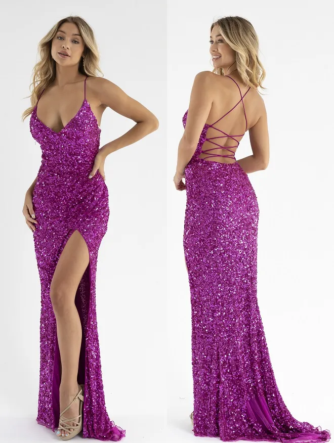 Primavera Couture 3791 Size 12 Royal Prom Dress V Neckline Sequins Lace Up Tie Back Side Slit