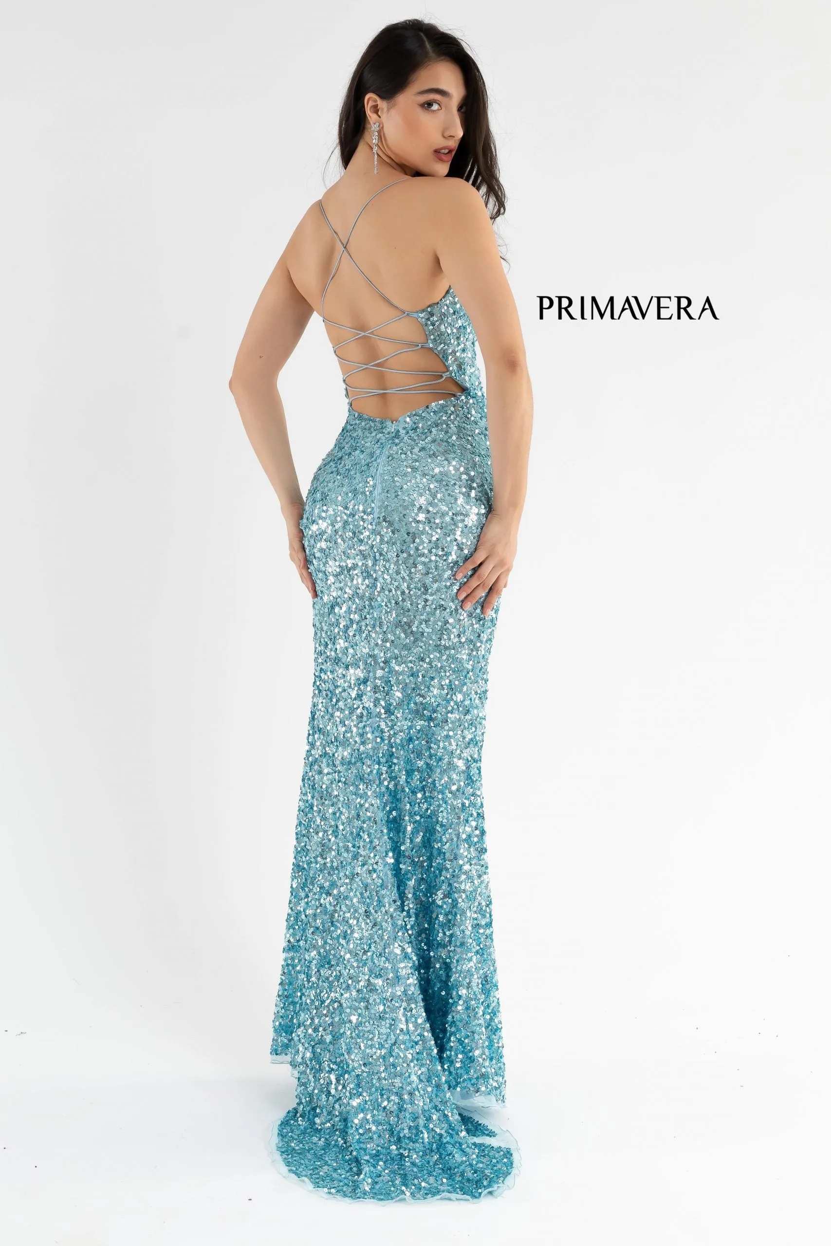 Primavera Couture 3791 Size 12 Royal Prom Dress V Neckline Sequins Lace Up Tie Back Side Slit