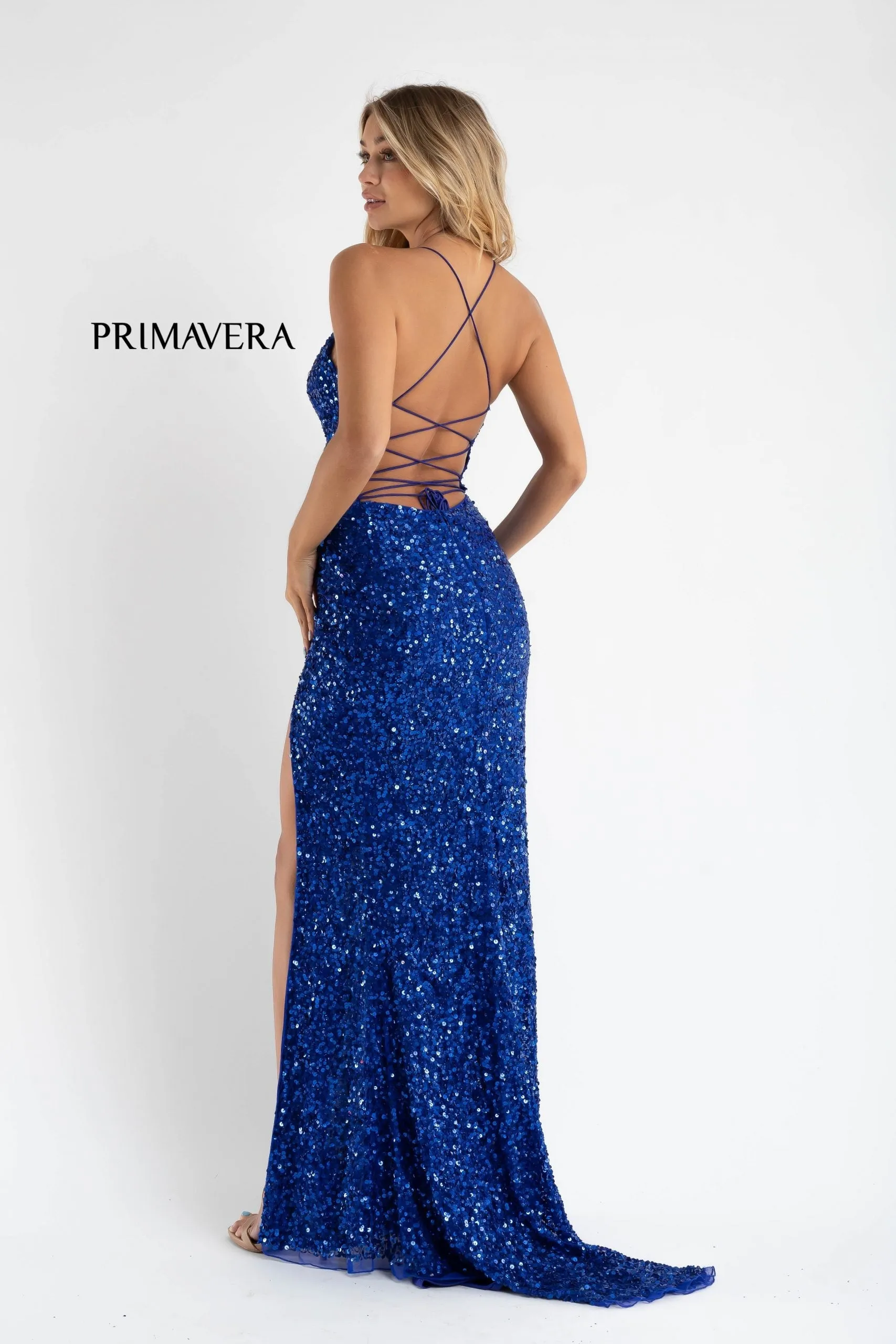 Primavera Couture 3791 Size 12 Royal Prom Dress V Neckline Sequins Lace Up Tie Back Side Slit