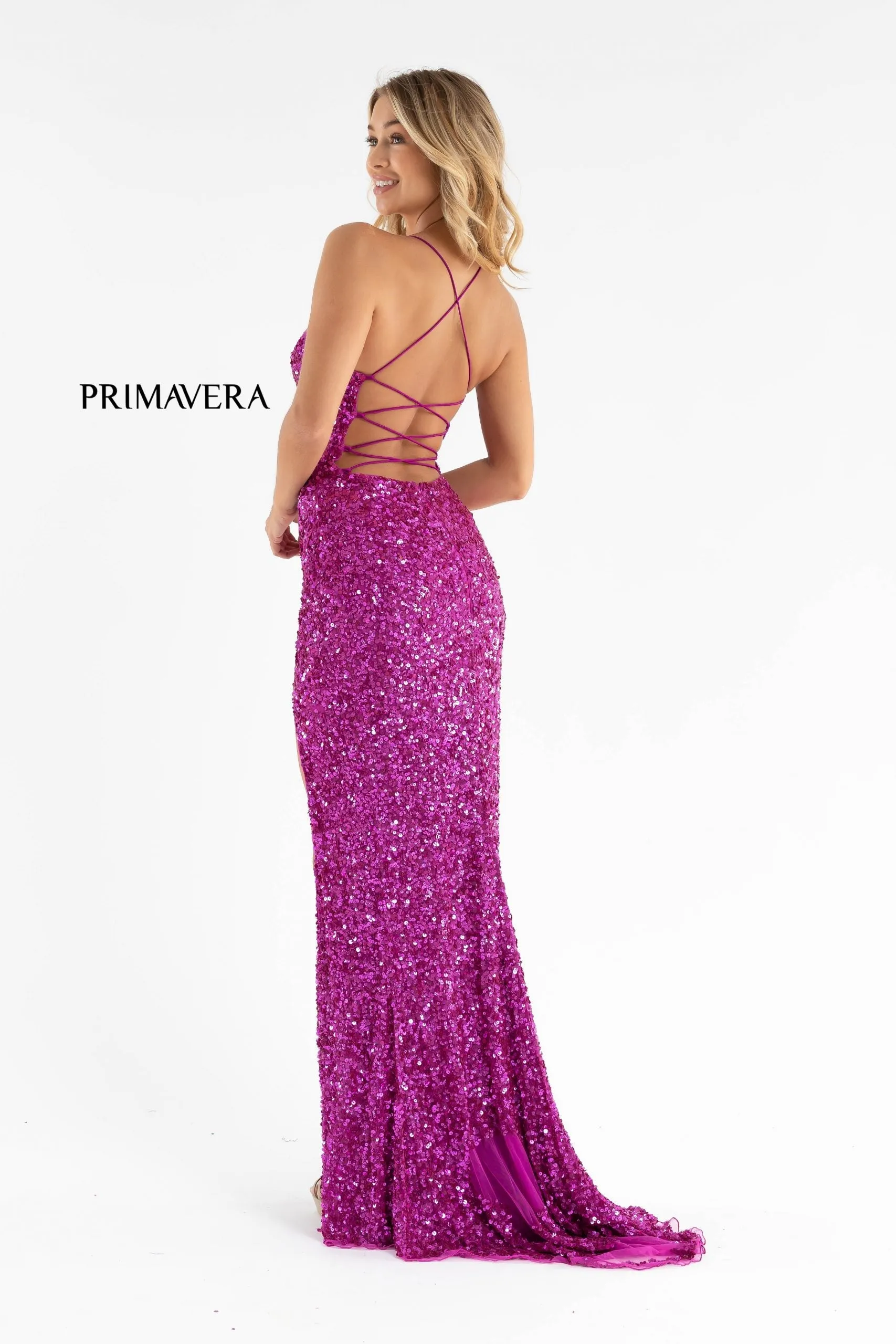 Primavera Couture 3791 Size 12 Royal Prom Dress V Neckline Sequins Lace Up Tie Back Side Slit