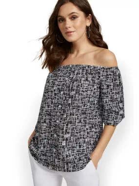 Printed Off-the-Shoulder Tunic Blouse