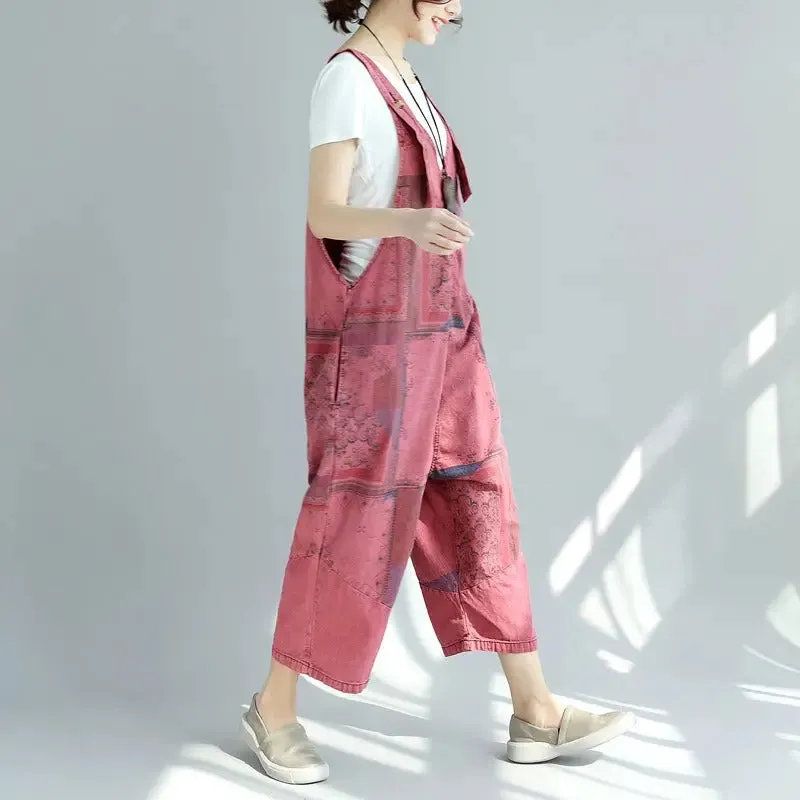 Printed old washed large crotch women pants