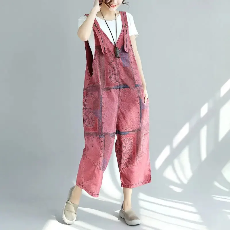 Printed old washed large crotch women pants