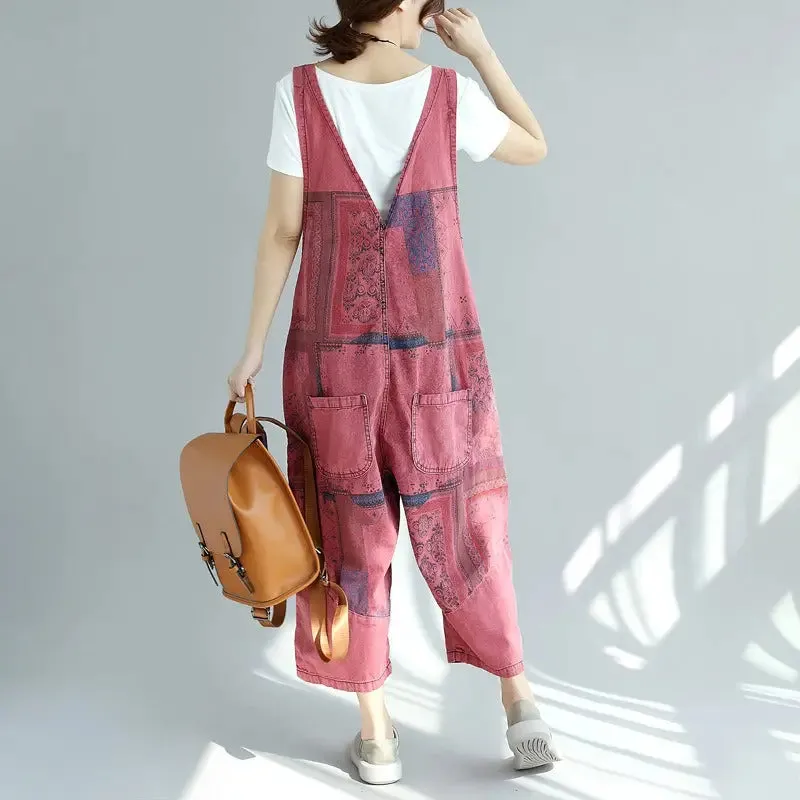 Printed old washed large crotch women pants