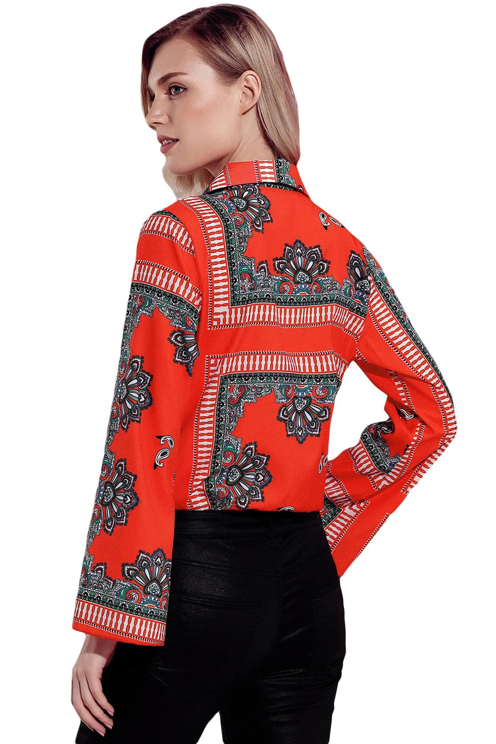 Red Printed Flare Long Sleeve Wrap Bodysuit