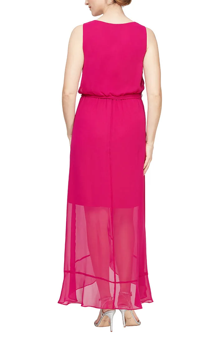 Regular - Sleeveless Chiffon Wrap Dress with Ruffle Hem and Belt