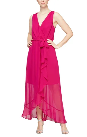 Regular - Sleeveless Chiffon Wrap Dress with Ruffle Hem and Belt