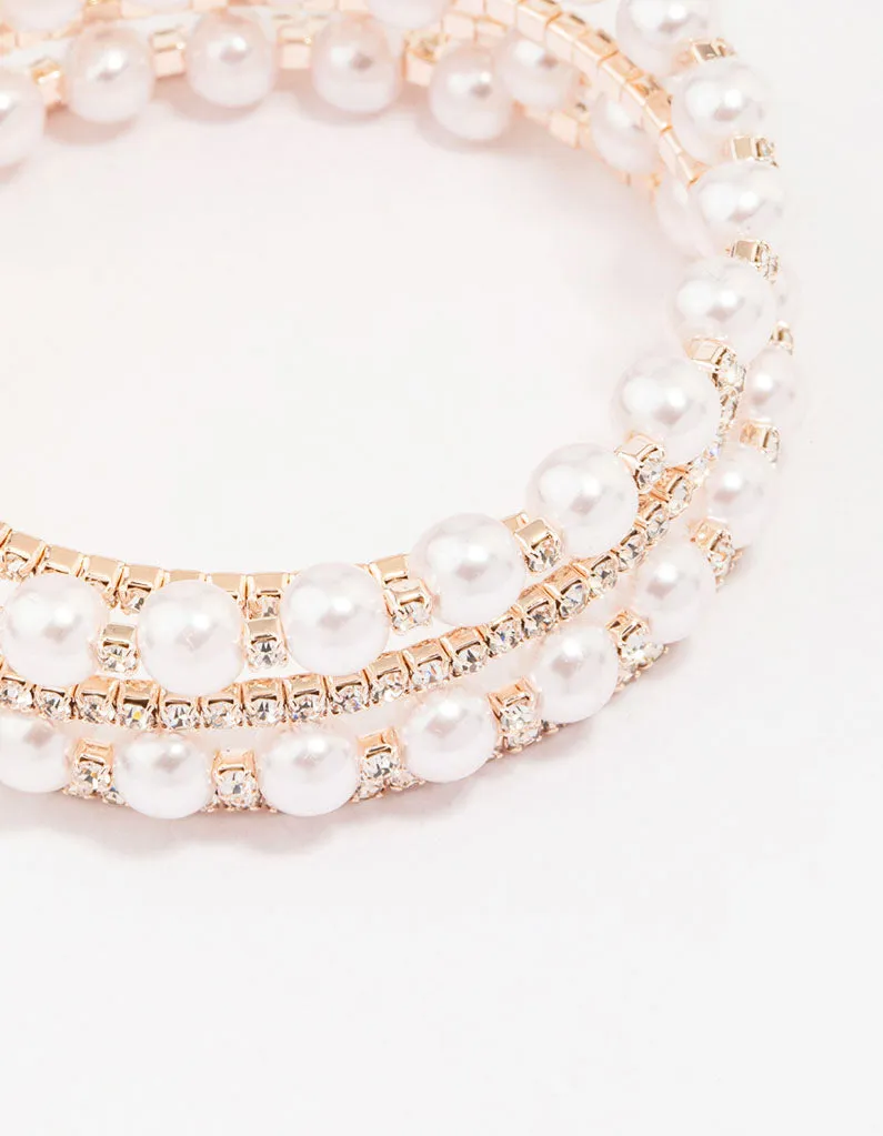 Rose Gold Pearl & Diamante Wrapped Bracelet