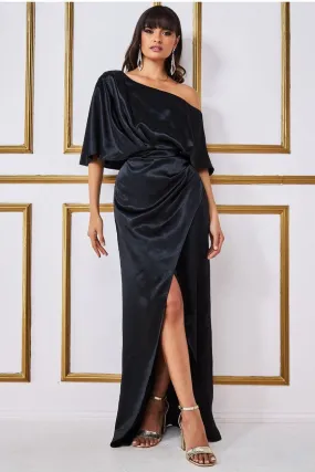 Satin Drape Shoulder Wrap Maxi Dress - Black by Goddiva