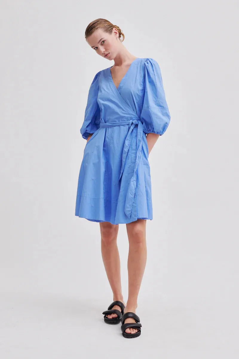 SECOND FEMALE | VESTIDO MUJER | VESTIDO BORDADO RICAMO WRAP DRESS | AZUL