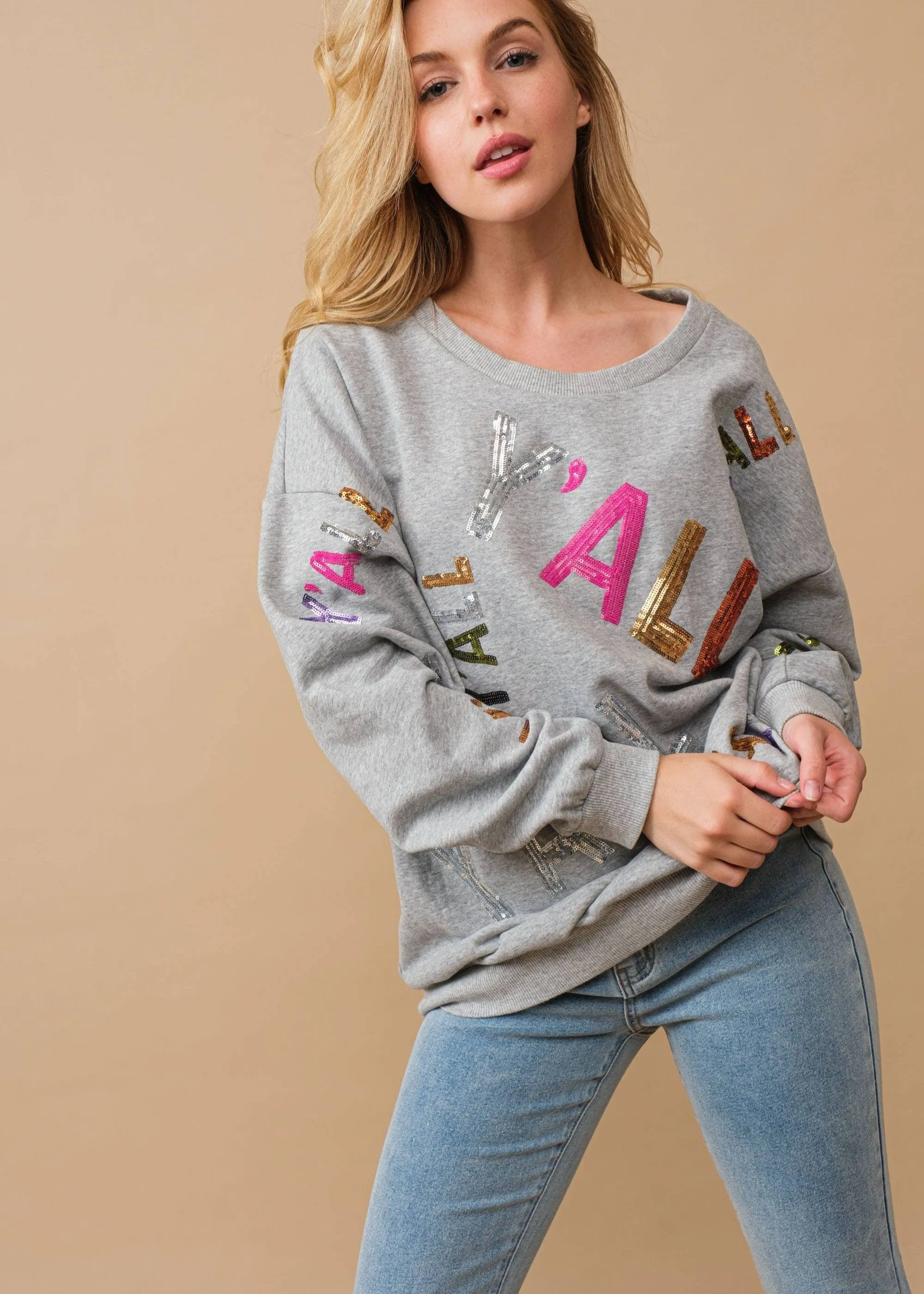 Sequin Embellished Y'all Graphic Sweatshirt