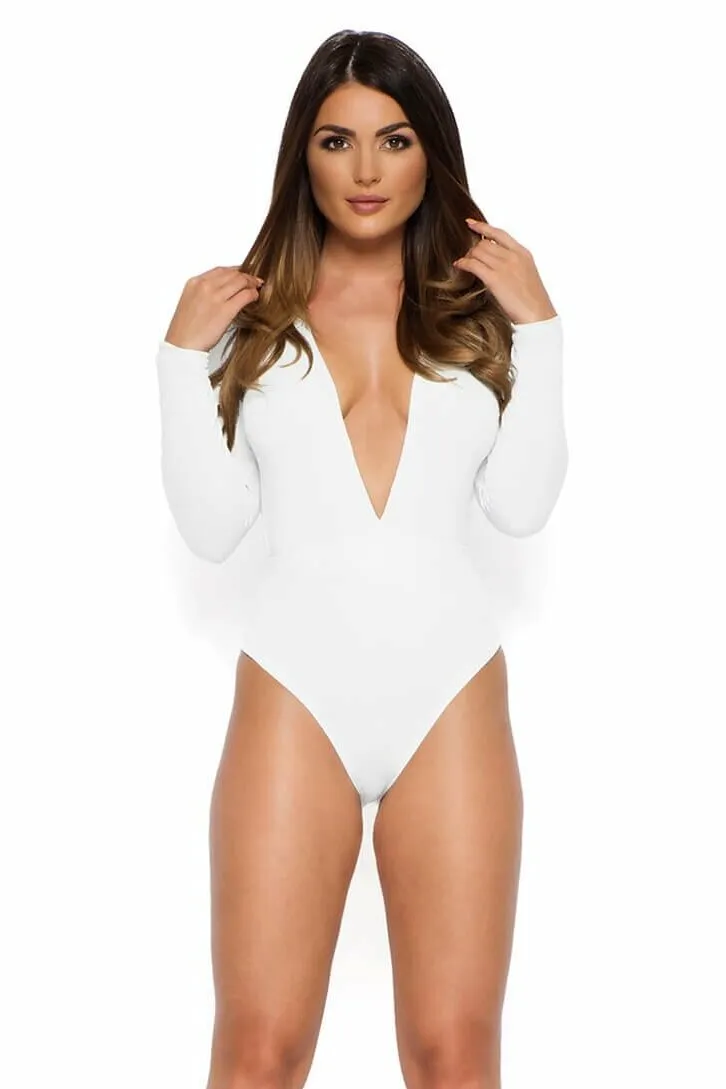 Show Down V Neck Bodysuit in White