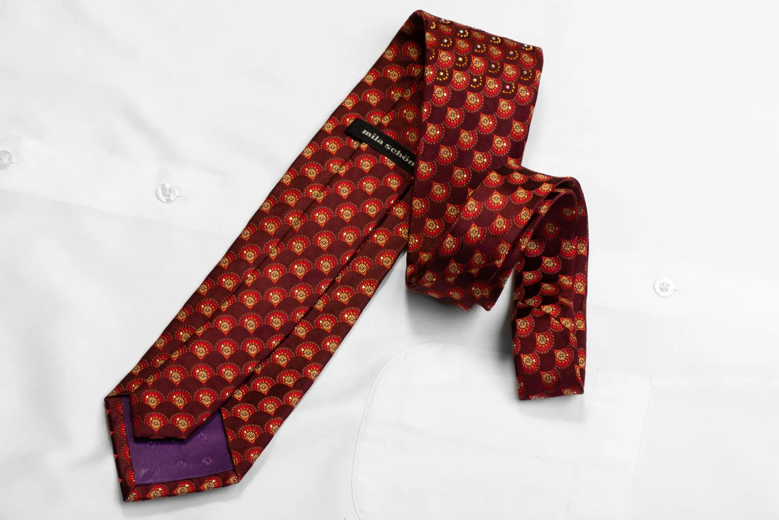 Silk Necktie Orange Geometric On Brown With Orange Studs