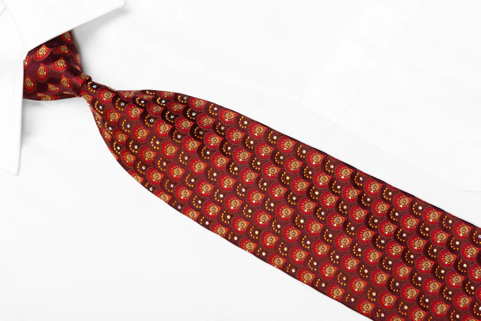 Silk Necktie Orange Geometric On Brown With Orange Studs