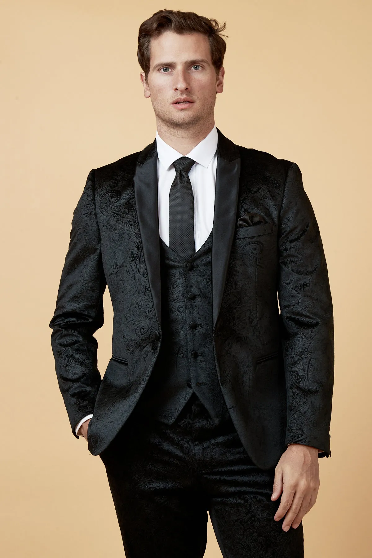 SIMON - Black Velvet Tux Lapel Jacquard Blazer