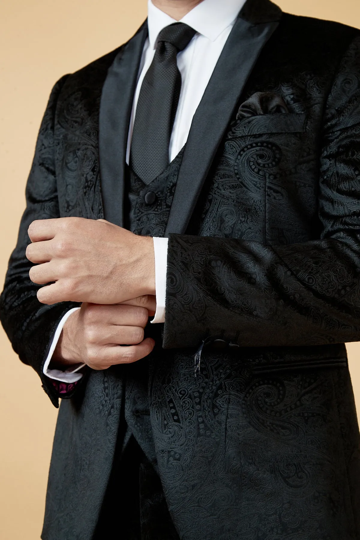 SIMON - Black Velvet Tux Lapel Jacquard Blazer