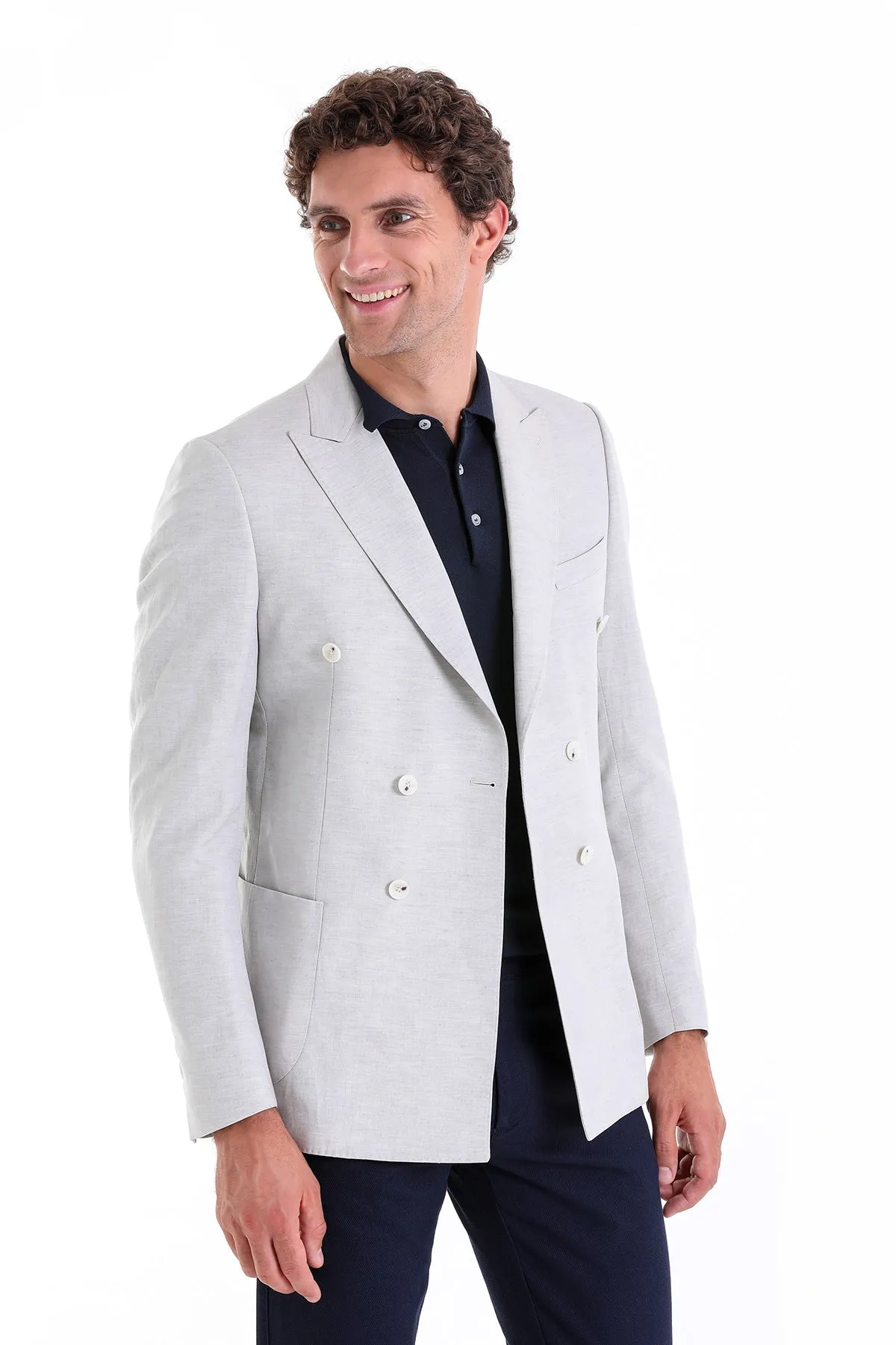 Slim Fit Double Breasted Gray Linen Casual Blazer